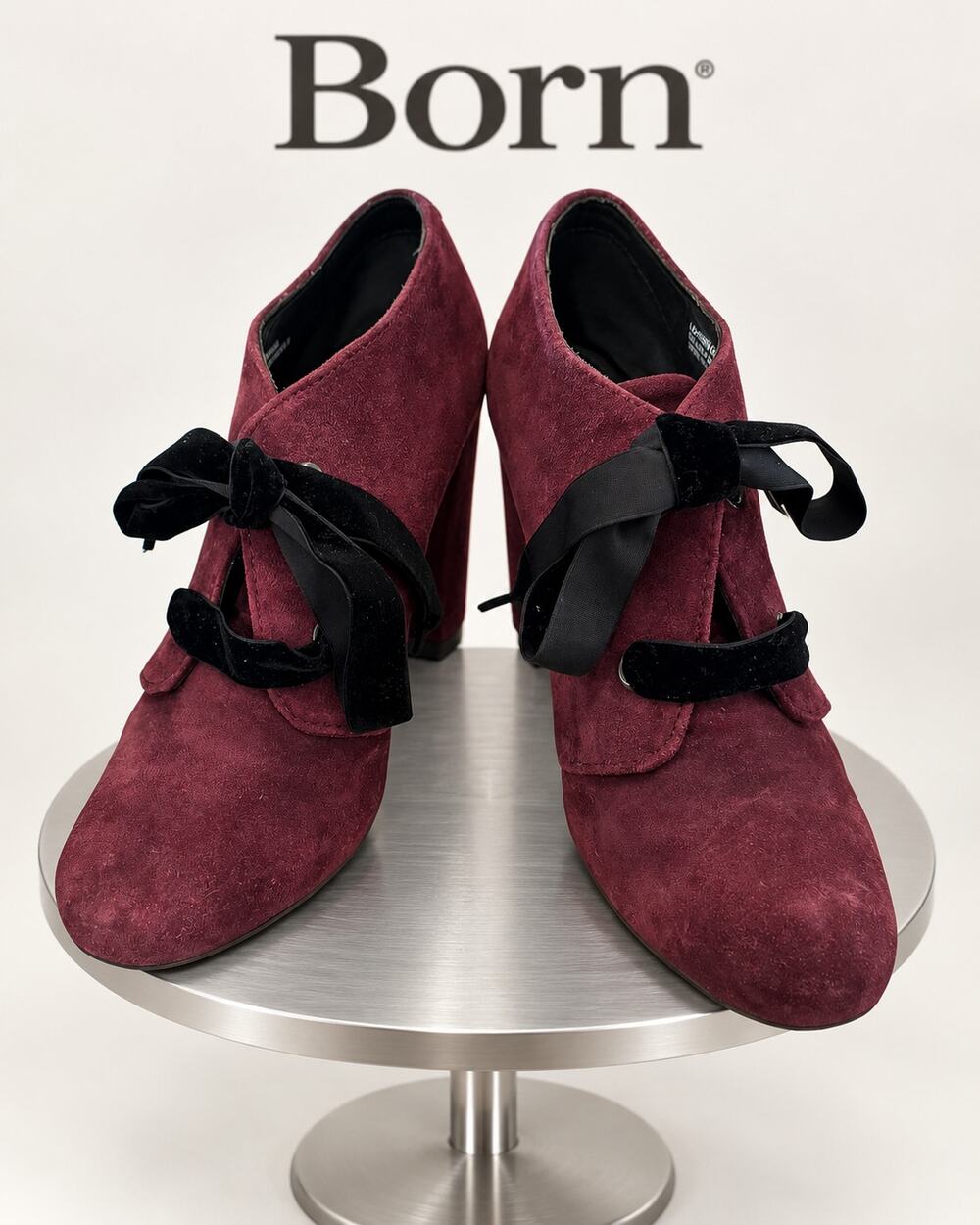 Born Crown Burgundy Suede Velvet Bow Heeled Ankle Booties Women’s 8